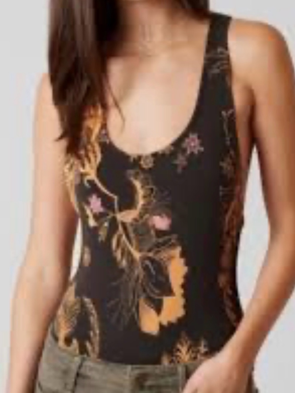 Free People Black Tank with Gold and Pink Floral Design